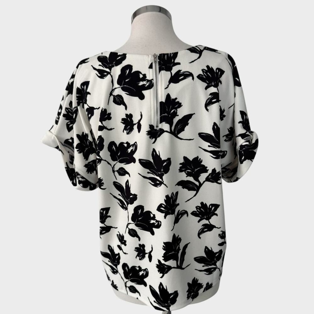 Melloday Womens XL Short Sleeve White Black Floral Top Polyester Spandex - Picture 6 of 9